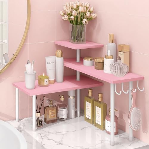Homode 3-Tier Counter Organizer Shelf for Bathroom, Corner Shelf for Countertop, Over Sink, Make Up, Dresser Table, Desktop - Pink by Homode