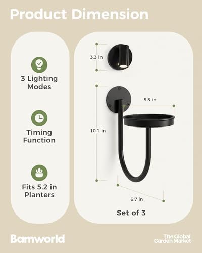 Bamworld Wall Plant Holder with Lights, Black, 3pcs - Image 5
