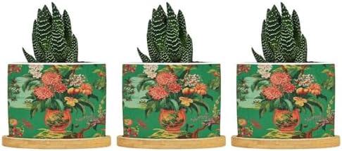 Vase Green Chinoiserie Planter Ceramic Daily Round Plant Pots with Drainage Holes and Bamboo Tray Pot for Pots Outdoor Indoor Plants by BRUYU5SE