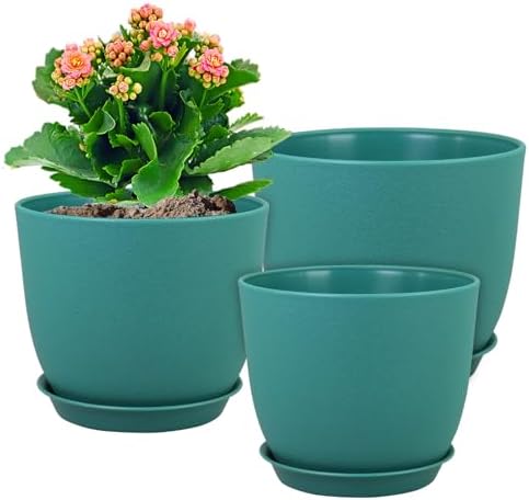WSMKSZ Large Flower Pots 12/10/9 inch, Set of 3 Modern Decorative Plastic Planters with Drainage Holes and Saucers for House Plants, Plant Pots for Indoor Outdoor Plants, Blue Green by WSMKSZ