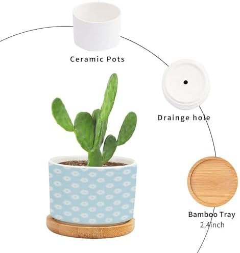 Timur in Blue Background Planter Ceramic Geometric Modern Round Plant Pots with Drainage Holes and Bamboo Tray Pot for Home Office Desk Garden - Image 3