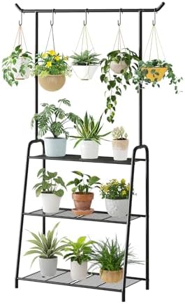 Kitsanery Plant Stand Indoor Outdoor,Metal Plant Stands for Multiple Plants,3 Tier Tall Hanging Plant Shelf,Large Heavy Duty Flower Holder Ladder Plant for Living Room, Patio, Balcony (Black) by Kitsanery