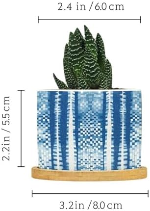 Animal Planters Ceramic White Blue Animal Strip Round Flower Pots with Drainage Holes and Bamboo Tray Pot for Indoor Outdoor Garden - Image 2