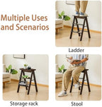 Latifolia Foldable 3 Step Ladder, Bamboo Step Stool with Floor Saver, Decorative Ladder Shelf for Living Room, Kitchen, Garden(Dark Walnut) - Image 3