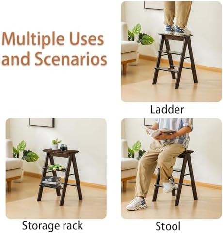 Latifolia Foldable 3 Step Ladder, Bamboo Step Stool with Floor Saver, Decorative Ladder Shelf for Living Room, Kitchen, Garden(Dark Walnut) - Image 3