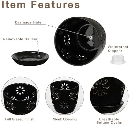 Oairse 6 inch Orchid Pots with Holes, Black Ceramic Orchid Pot for Repotting Small Indoor Plant Pots with Drainage Holes and Saucers Decorative Flower Planter for Orchids, Indoor Plant - Image 2
