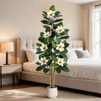 5FT Artificial Fiddle Leaf Fig & Magnolia Tree with White Blooms, White by Unknown