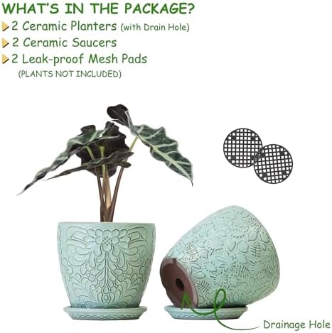 6 Inch Retro Ceramic Planter Set of 2 with Drainage Hole and Saucer for Plants, Indoor-Outdoor Garden Pots for Succulent, Orchid, and Flower (Fits Inner Pots Up to 5 Inches, Retro Green) - Image 2