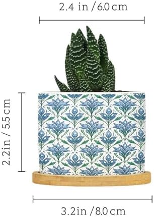 Blue Floral Planter Ceramic Mughal Flower Round Flower Pots with Drainage Holes and Bamboo Tray Pot for Pots Outdoor Indoor Plants - Image 2