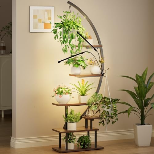 GREENSTELL Plant Stand Indoor with Grow Light, 7-Tiered Tall Metal Plant Stand for Indoor Plants, Half-Moon Shape Display Shelf for Home,Living Room, Patio, Dark Brown (1 Pack) by Greenstell