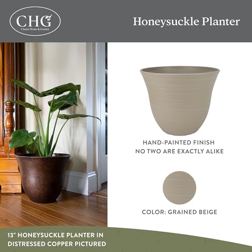 Honeysuckle Resin Planter, Durable Garden Pot, 13" Grained Beige - Image 2