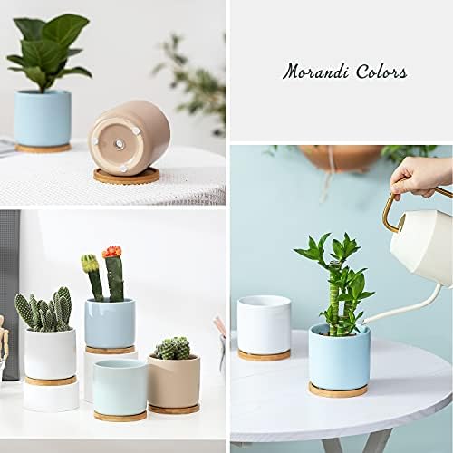 4 Inch Ceramic Plant Pots with Drainage Hole and Saucer, Small Modern Flower Pots with Trays for Succulent, Cactus and Herbs, Morandi Colors, Set of 4 - Image 5