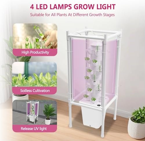 30-Plant Hydroponics Tower Vertical Growing System Kit, Indoor Garden Planter Herb Garden with LED Grow Light, Hose and Water Pump, Vertical Planter Germination Kit for Fruits Vegetables (White) - Image 3
