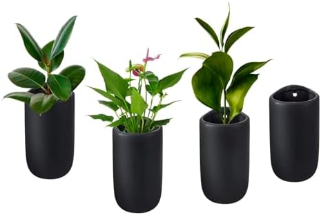 MyGift 7.5 Inch Wall Mounted Modern Matte Black Ceramic Cylindrical Plant Containers, Floating Succulent or Herb Planter Pots, Vertical Hanging Flower Vases, Set of 4 by MyGiftHome