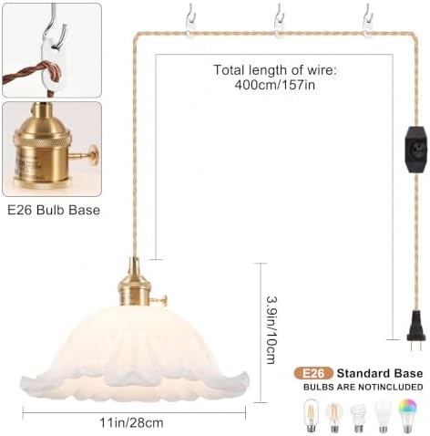 Plug in Pendant Light Fixtures,Hanging Light Fixture Corded On/Off Switch,11 inch E26 White Glass Lampshade Pendant Lighting for Kitchen Island, Bedroom, Dining Room - Image 2