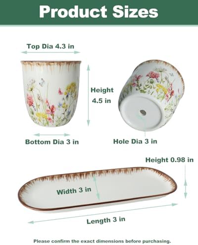 vensovo Ceramic Planter Set with Tray, 3 Small Herb Pots, Meadow Floral - Image 3
