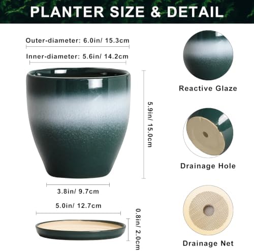 Ceraimc 6 Inch Planters, Ceraimc Pots for Plants, Green-White - Image 2