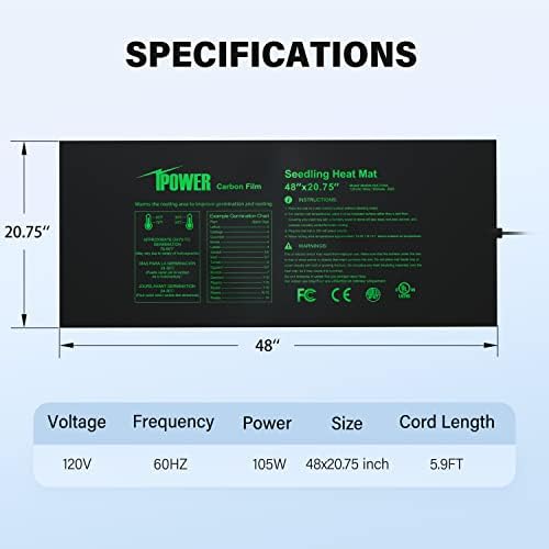 iPower 48” x 20.75” Seeding Heat Mat Upgraded Carbon Film Indoor Warm Hydroponic Plant Germination Starting Pad Durable Waterproof, 48" x 20.75", Black - Image 6