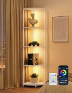 Corner Shelf with LED Light, 5 Tier Smart Color Changing Floor Lamp with Remote, 62" Display Shelf Bookshelf Narrow Storage Rack Standing Lamp for Living Room Bedroom Home Office Decor, White by PARTPHONER