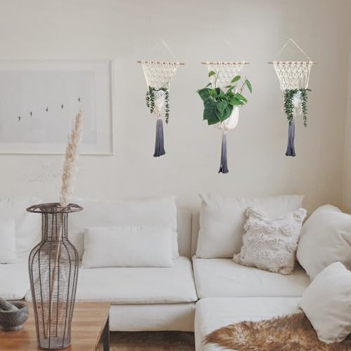 Set of 3 Ombre Dyed Macrame Wall Hanging plant stand Macrame plant hanger indoor and outdoor plant hanger Plant shelf indoor vertical garden planter plant shelf indoor Boho Decor (Ombre Gray) - Image 2