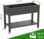 Elevated Resin Raised Garden Bed, 33.7in Height Raised Planter Box with Drainage Holes, Lockable Rotating Wheels & Bottom Storage Shelf, Stake Support, Easy Assembly for Patio Lawn Backyard Balcony - Image 2