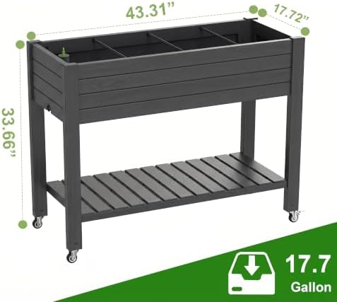 Elevated Resin Raised Garden Bed, 33.7in Height Raised Planter Box with Drainage Holes, Lockable Rotating Wheels & Bottom Storage Shelf, Stake Support, Easy Assembly for Patio Lawn Backyard Balcony - Image 2