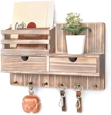 Rebee Vision Key Holder Wall Mount with 6 Hooks for Entryway, Natural Wood by REBEEVISION