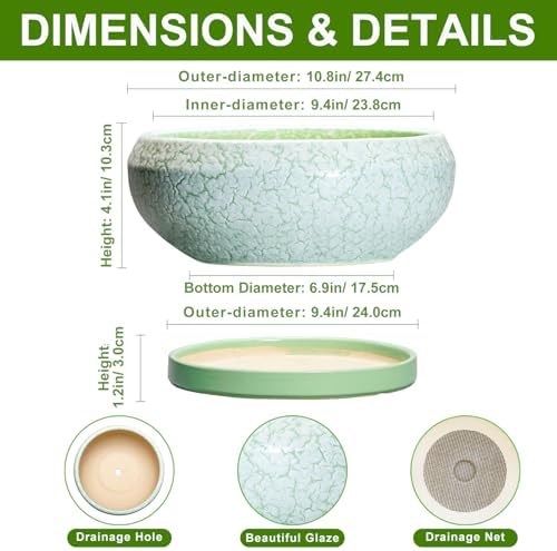 Bonsai Pots - 10 Inch Ceramic Succulent Pot with Drainage Hole and Plant Saucer, Succulent Planters for Indoor Outdoor, Round Planter Bowl, Shallow Planter, Home Decor, Gardening Gift, Green - Image 2