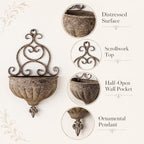 Vintage Wall Hanging Planter with Ornate Scrollwork, Distressed Rust Iron Wall Mount Flower Pot, Rustic Farmhouse Ribbed Wall Planter for Indoor Outdoor Porch Entryway Garden Wall Decor(A3077) - Image 4