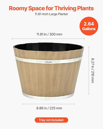 VEVOR Plant Pots, 4 Pack 11.81 inch Whiskey Barrel Planters with Drainage Holes, Large Outside Plastic Decoration Flower Pot Imitation Wine Barrel Design for Indoor Outdoor Garden Home Plants, Brown - Image 4