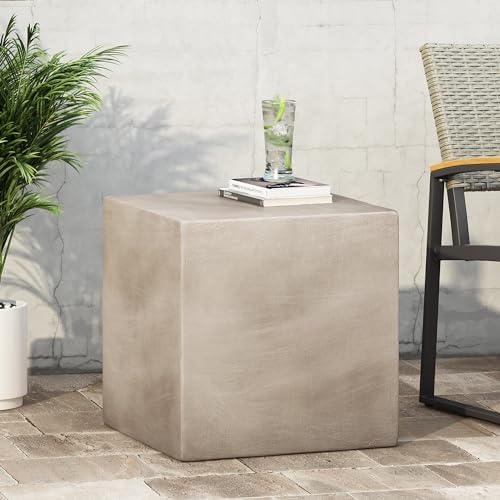 ø22'' Concrete Side Table End Table for Outdoor & Living Room, Modern Square Cube Style, Durable and Lightweight, Cement Material, No Assembly, Light Gray - Image 4