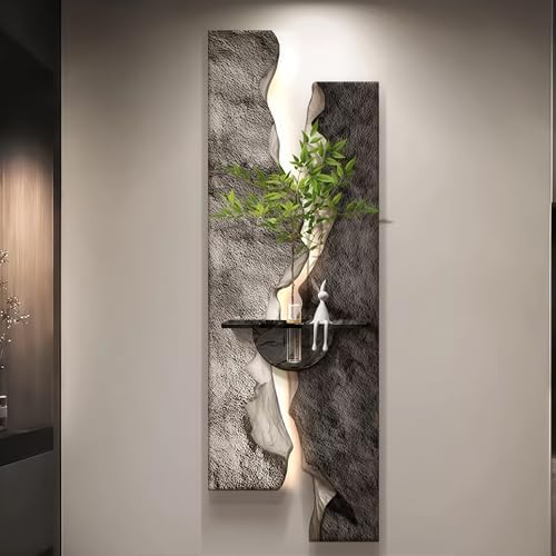 3D Textured Sandstone Wall Art with LED Light and Hydroponic Vase, Modern Framed Abstract Sculpture Wall Decor for Living Room Bedroom for Apartment Office Entryway(Grey-B,35x100cm (13.8x39.4in)) by WXZXWXZX