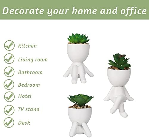 Zerzsy 3 Pack Artificial Succulent Plants for Office Desk, Fake Plants with Ceramics Human Shaped Pots, Small Cute Fake Succulents Pots for Bedroom/Room/Cubicle/Bookshelf Decor (Ceramic White) - Image 5