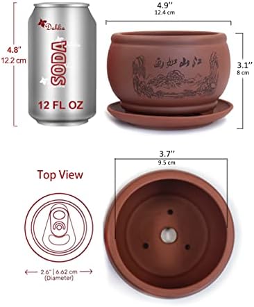 Dahlia 4.8" Beautiful Scenery Zisha Bonsai Planter/Succulent Pot/Flower Pot w. Saucer, Brown - Image 4