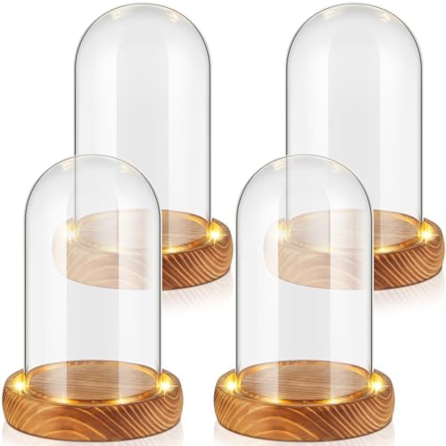 4 Pack 3.54'' x 5.91'' Christmas Glass Cloche Domes with Light Wood Base by Funtery
