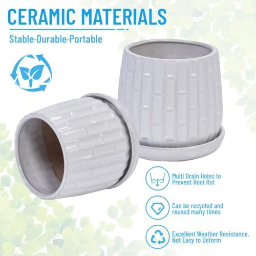 Decorative Ceramic Planter Set of 2, 6" & 8" Diameter, Modern Flower Pots for Indoor Plants, w/Drainage and Saucer, Ceramic Pots for Garden & Home Decor, White - Image 5