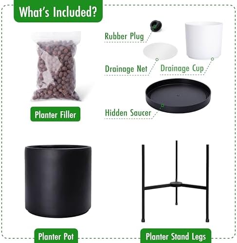 D'vine Dev Cylinder Planter Pot with Metal Stand, Black, 8 in, 96-T-B-1 - Image 5