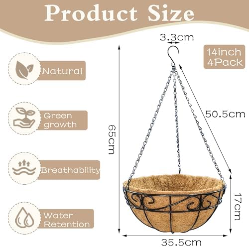 EIMQUVW Outdoor Metal Hanging Planters Basket (4pack, 14 inch) Hanging Baskets for Plants Chain Round Wire Plant Holder with Coco Fiber Liners for Garden, Patio, Deck, Porch(Flower Border) - Image 3