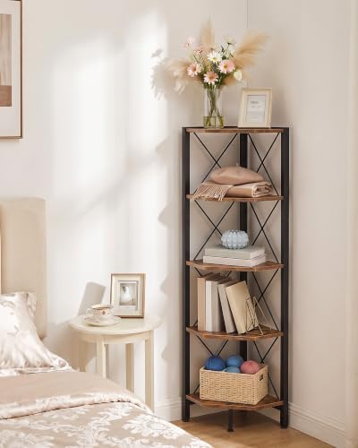 CHOEZON 5-Tier Corner Shelf, Corner Bookcase, 55.2" Tall Vertical Display Rack, Plant Stand, Open Storage Shelf, for Living Room, Bedroom, Study, Kitchen, Rustic Brown and Black TCJ12BF - Image 6