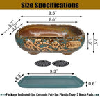 MUZHI 9.5” Rectangular Ceramic Rustic Bonsai Planter Pots with Drip Tray, Glazed Vintage Wide Mouth Shallow Pottery Bonsai Flower Planter Pots with Saucer - Image 2