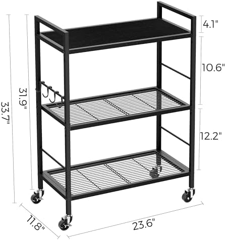 3-Tier Metal Storage Rack with Industrial Wheels,Mesh Shelving Unit with Wooden Table top,Adjustable Shelf,23.6-Inch Width,for Kitchen,Laundry,Pantry,Plant,Black panel and black frame - Image 7