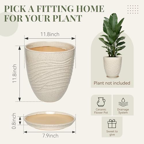 11.8 Inch Modern Ceramic Plant Pot with Saucer, Flower Pot with Drainage Hole Mesh Net,Indoor Outdoor Planter (Silk White) - Image 6