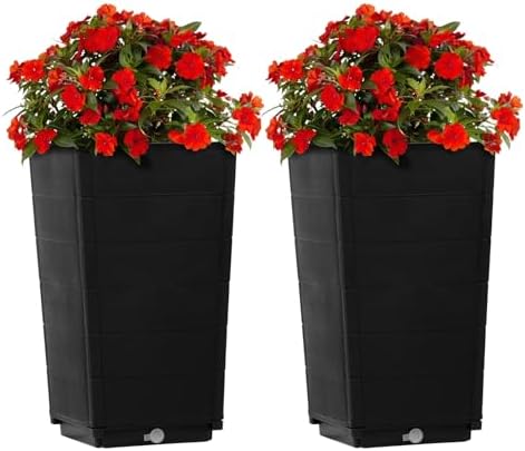 Vasitelan Set of 2 Resin Modern Outdoor 22 Inch Tall Large Flower Pots, Tapered Wood Look Planters for Outdoor Plants and Front Porch Decor by Vasitelan