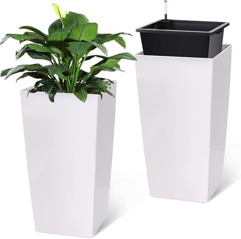 30" Tall Planter Set of 2, Heavy Duty High Planter Pots with Drainage Holes, Water Level Indicator & Removable Inner Bucket, Self Watering Planters for Indoor Outdoor Porch, Patio-White by LIZHOUMIL