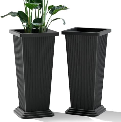 24" Set of 2 Tall Planters for Outdoor Plants, Black Striped by Unknown
