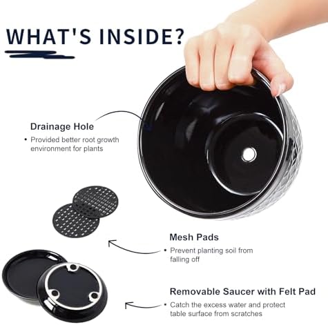 Sureasy Ceramic Indoor Plant Pots - 5.6 Inch Flower Pots for Plants with Drainage Hole and Saucer, Embossed Planter for Succulents, Orchid, Cactus, Indoor Home Decor, Set of 4, Black - Image 4