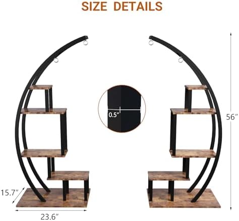 GarveeLife Plant Stand Indoor 2 Pack, 5 Tier Half Moon Plant Shelf, Tall Metal Large Plant Stands, Stylish Tiered Flower Storage Rack for Multiple Plants Hanging Display, Space-Saving (Brown+Black) - Image 7