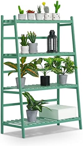 MoNiBloom Ladder Shelf Bamboo 4-Tier Plant Stand Display Storage Organizer Flower Rack Planter Holder for Living Room Corner Balcony Lawn Patio Indoor Outdoor, Green by Monibloom