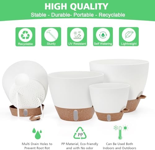 12" 10" 9" 8" Self Watering Pots with Water Level Indicator, Large Plastic Planters Set with Mesh Drainage Hole and Removable Saucer Reservoir, Big Flower Pot for Indoor Outdoor Plants - White - Image 5
