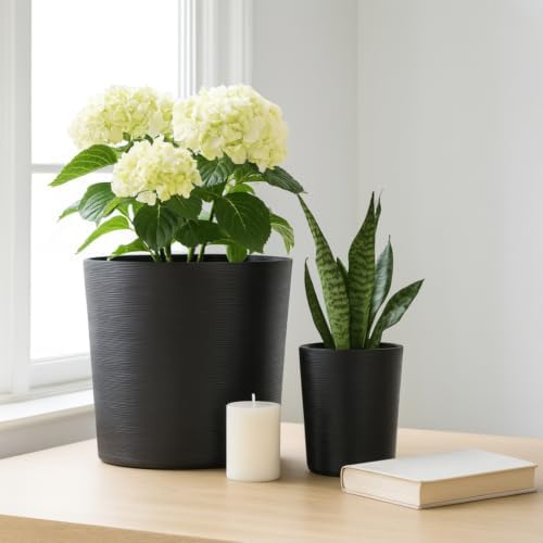 Tall Modern Lines Resin Planters for Home Decor and Garden Spaces - Minimalist Round Planters for Indoor and Outdoor - Classic Flower Pots for Patio and Entryway - Set of 2, 21", 19", Black by NESSANDJORD